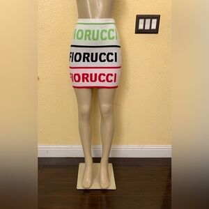 FIORUCCI Size Medium White With Multicolored Text Knit Mini Pencil Skirt